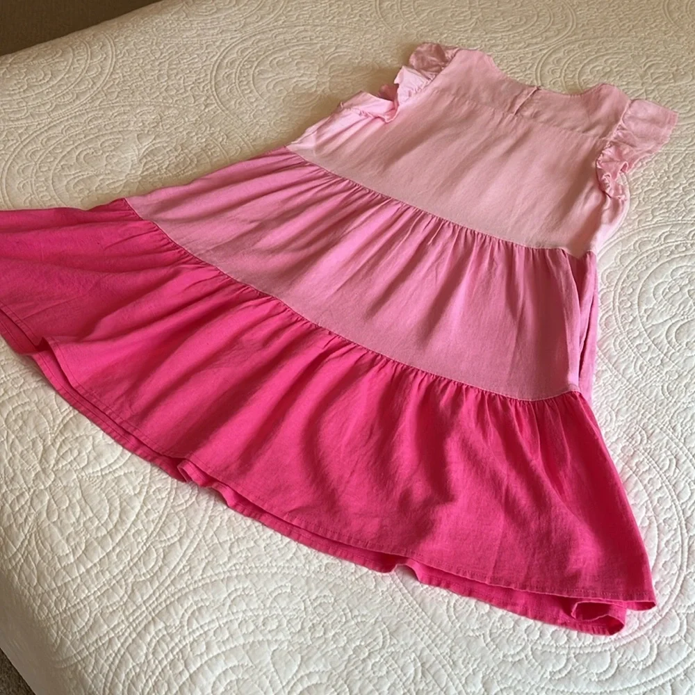 J. Crew Linen Dress Pink Tiered Ruffle Sleeveless Womens 4 Pockets Flowy Cottage